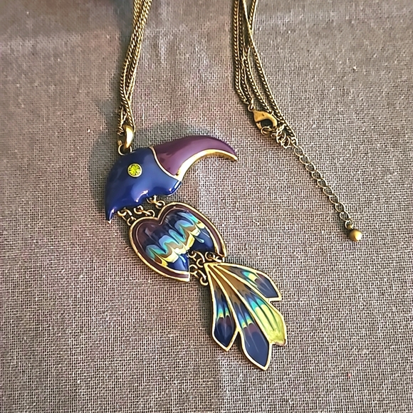Brass & enamel toucan long necklace blue purple - Picture 5 of 6